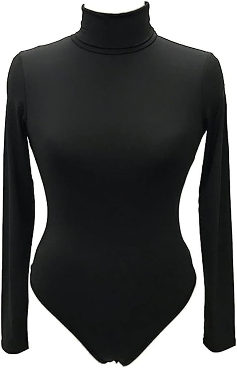 Sumtory Women Turtleneck Stretchy Long Sleeve Bodysuit Top Solid Bodycon Romper Black L - Image 3